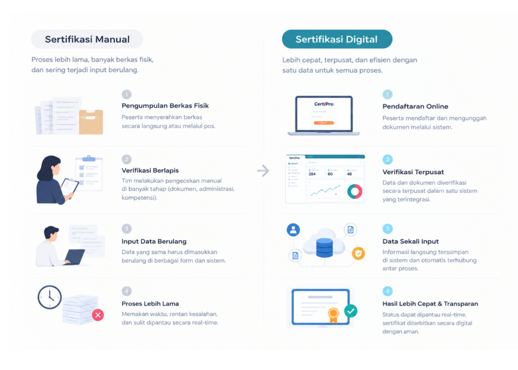 Infografis perbandingan alur sertifikasi profesi manual yang panjang dengan alur digital yang lebih ringkas dan terpusat.