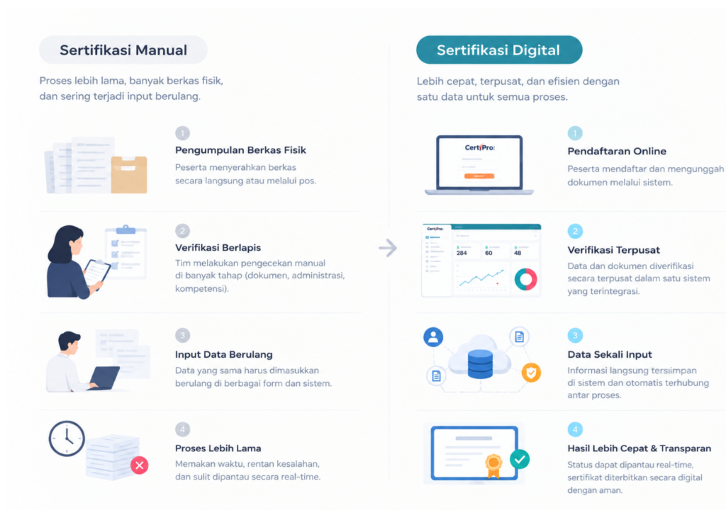 Infografis perbandingan alur sertifikasi profesi manual yang panjang dengan alur digital yang lebih ringkas dan terpusat.